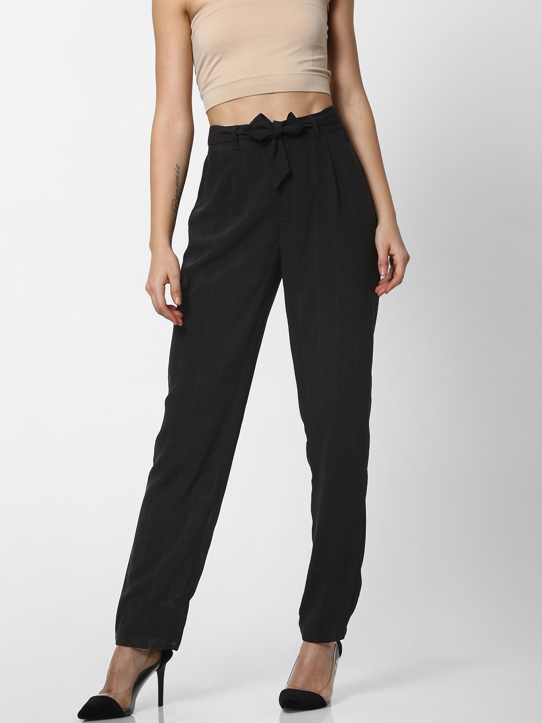 

ONLY Women Black & Brown Slim Fit Checked Regular Trousers