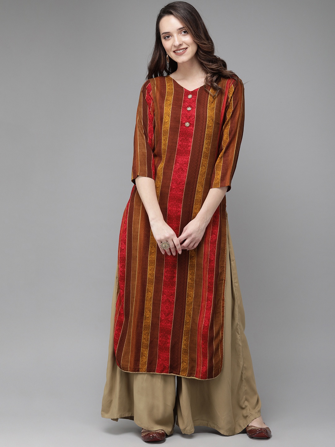 

Anouk Women Red & Brown Striped Straight Kurta