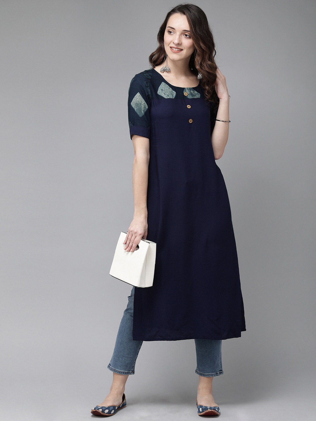 

Anouk Women Navy Blue Solid Straight Kurta