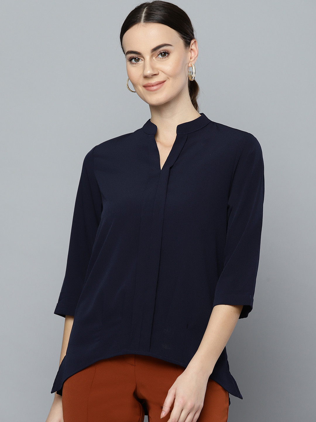 

RARE Women Navy Blue Solid High-Low Top