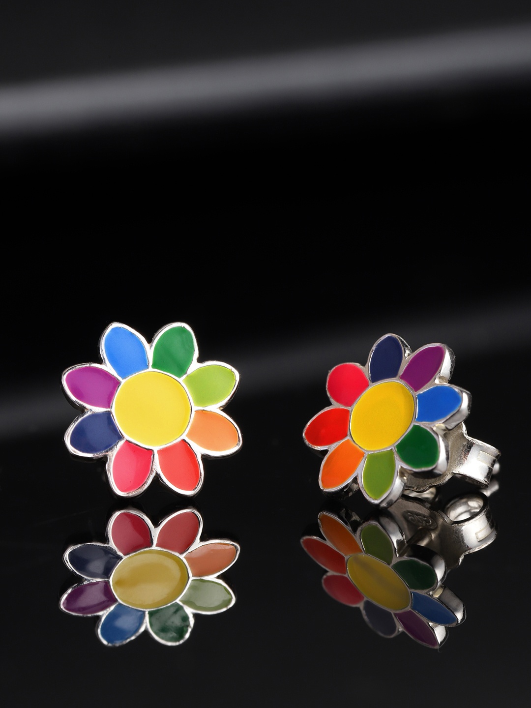 

Carlton London 925 Sterling Silver- Multicoloured Rhodium Plated Enamelled Floral Studs, Multi