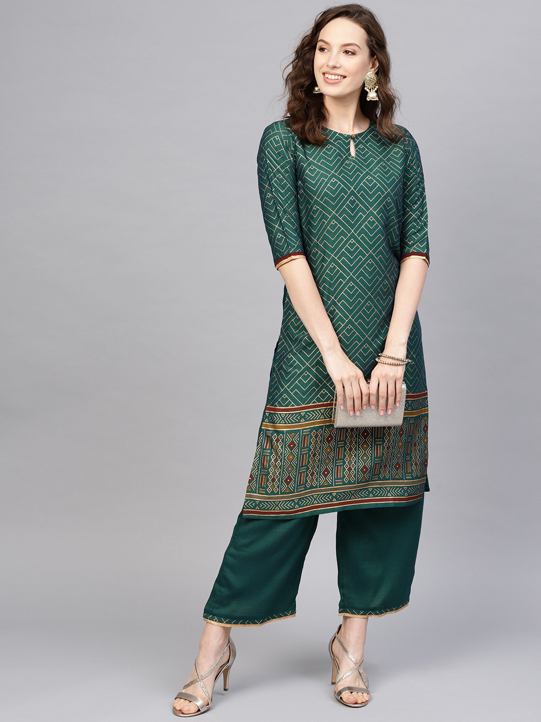 

Indo Era Women Green & Gold-Toned Foil Print Kurta with Palazzos