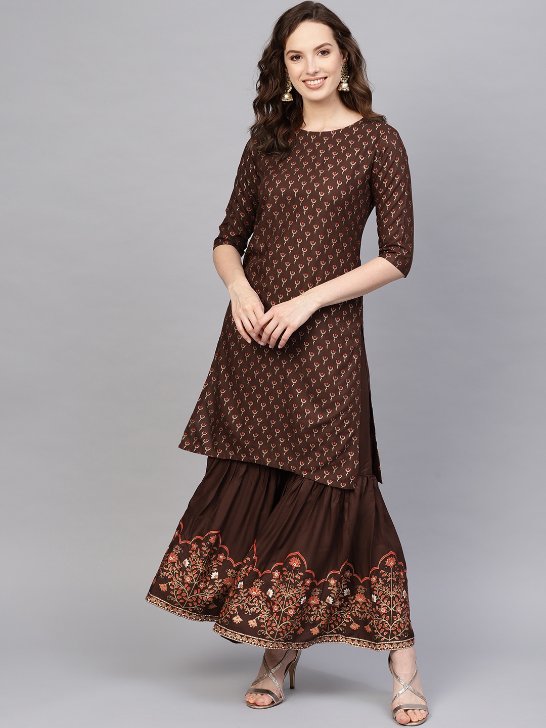 

Indo Era Women Coffee Brown & Gold-Toned Foil Print Kurta with Sharara