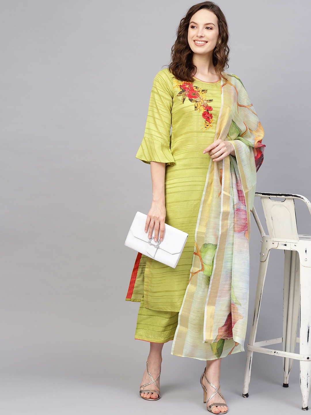 

Indo Era Women Green Striped Kurta with Palazzos & Dupatta