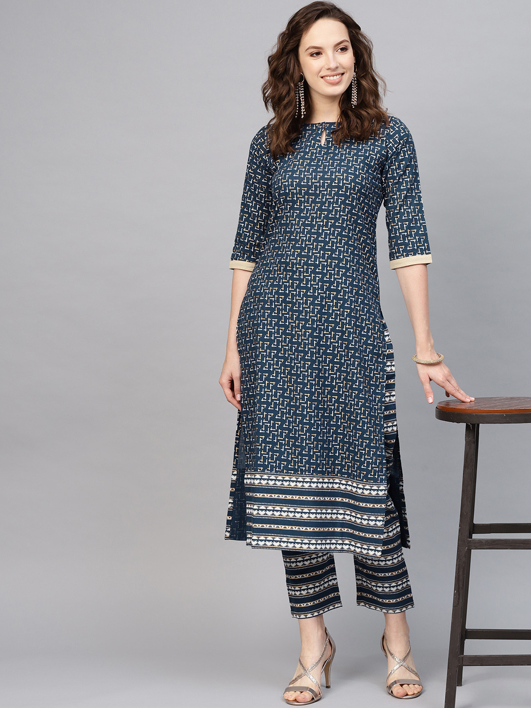 

Indo Era Women Navy Blue & White Foil Print Kurta with Trousers
