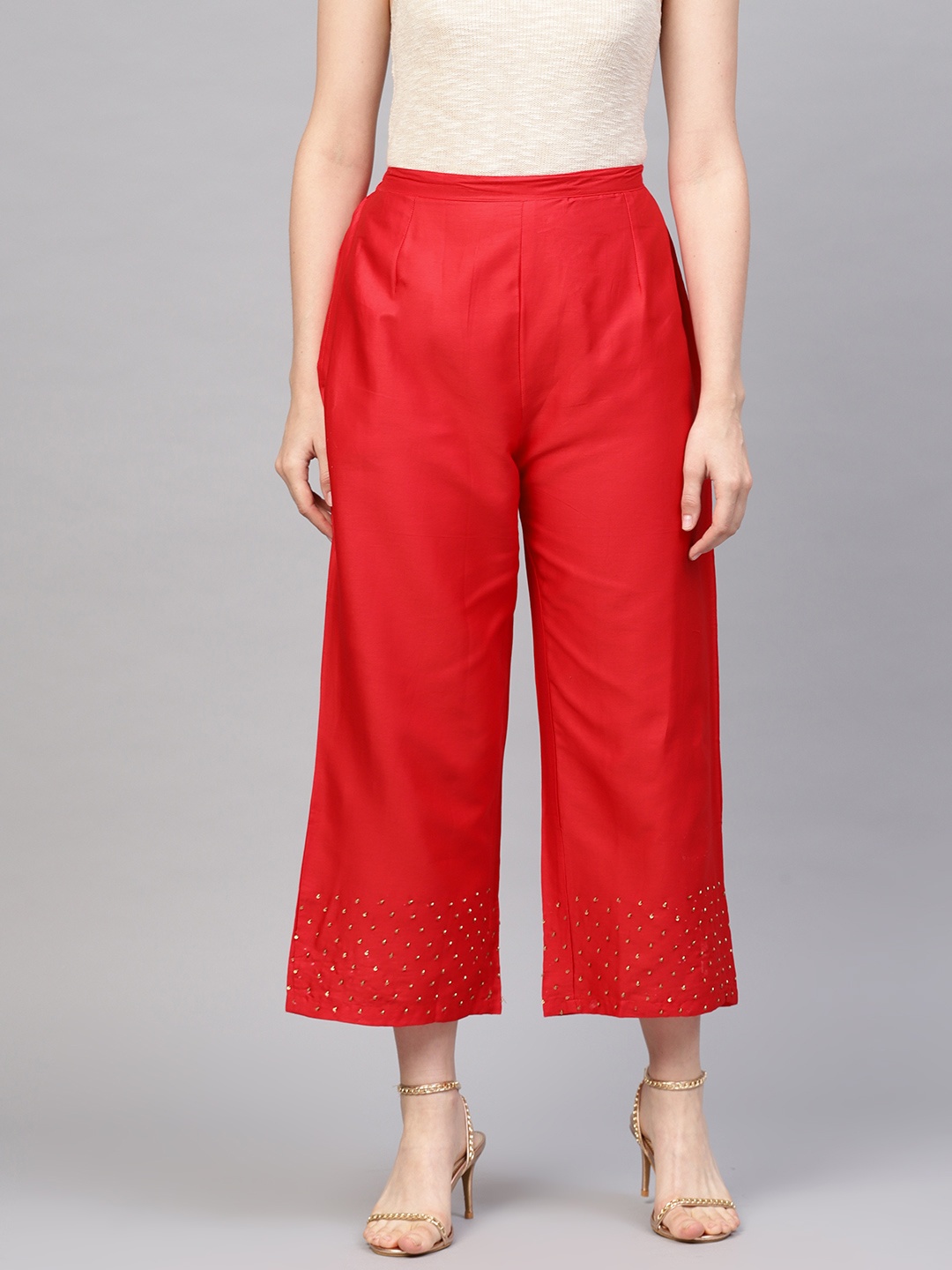 

Indo Era Women Red Hem Design Straight Cropped Palazzos