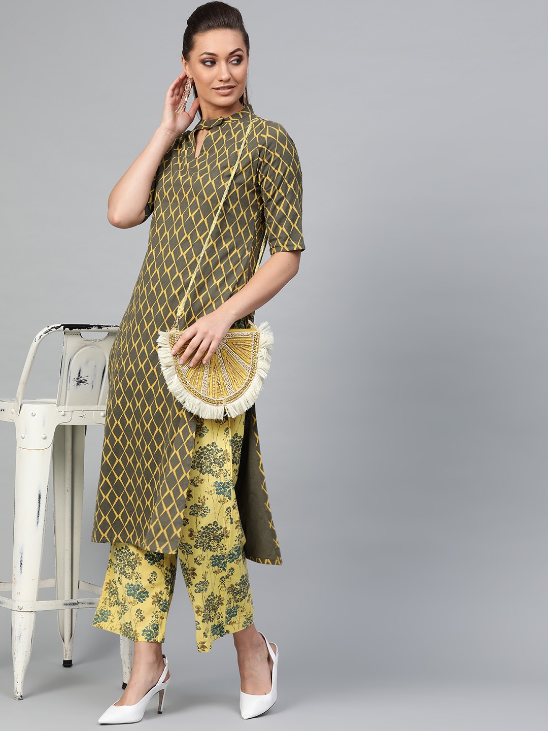 

Indo Era Women Olive Green & Yellow Khari Print Kurta with Palazzos