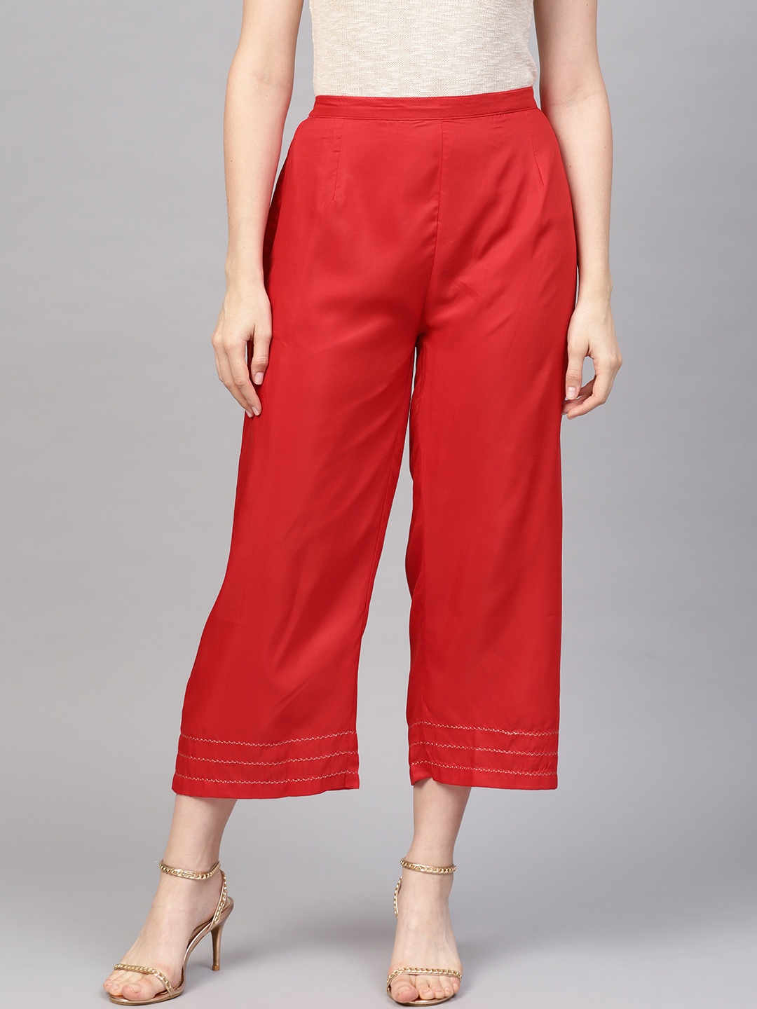 

Indo Era Women Red Hem Design Straight Cropped Palazzos