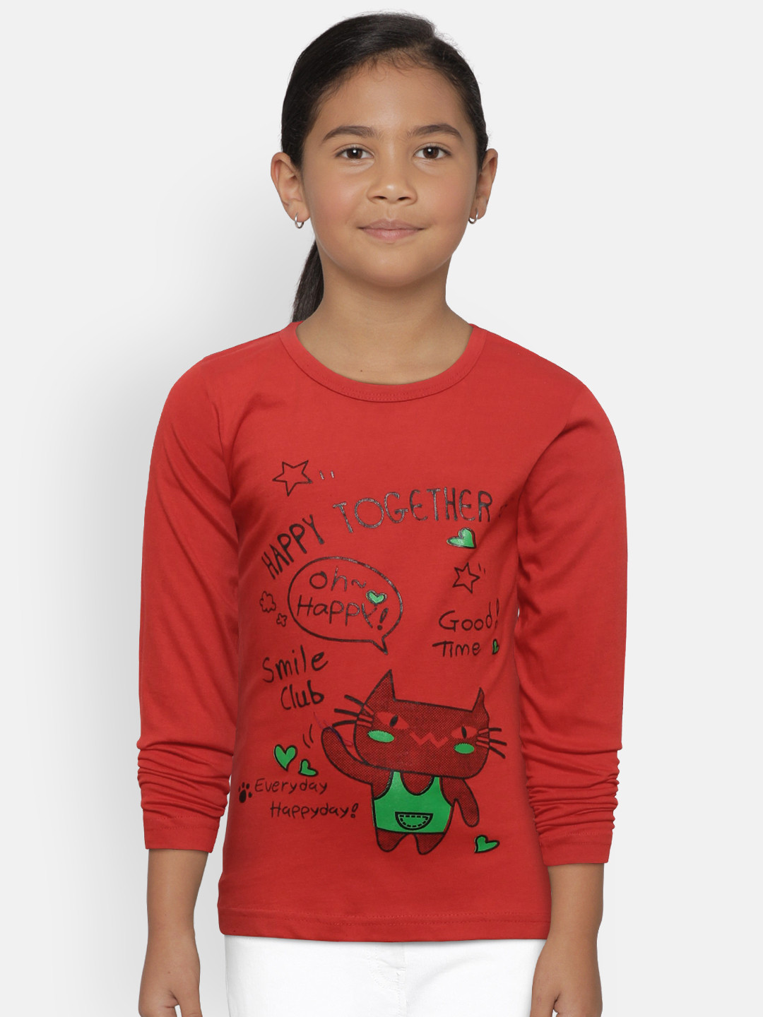 

Kids On Board Girls Red Printed Round Neck Pure Cotton T-shirt