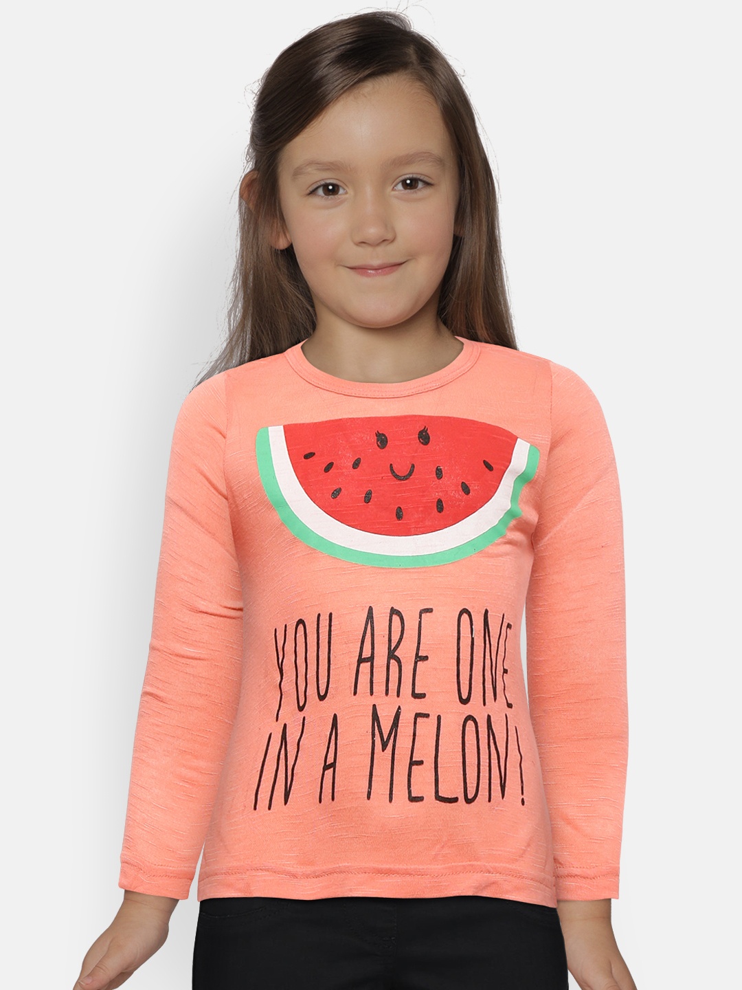 

Kids On Board Girls Peach-Coloured Printed Round Neck Pure Cotton T-shirt