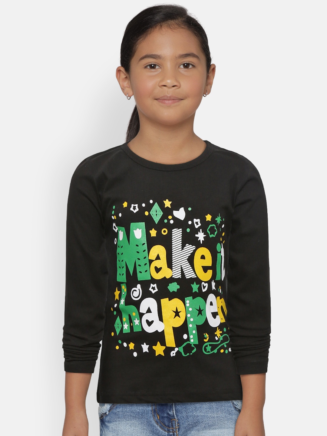 

Kids On Board Girls Black Printed Round Neck Pure Cotton T-shirt