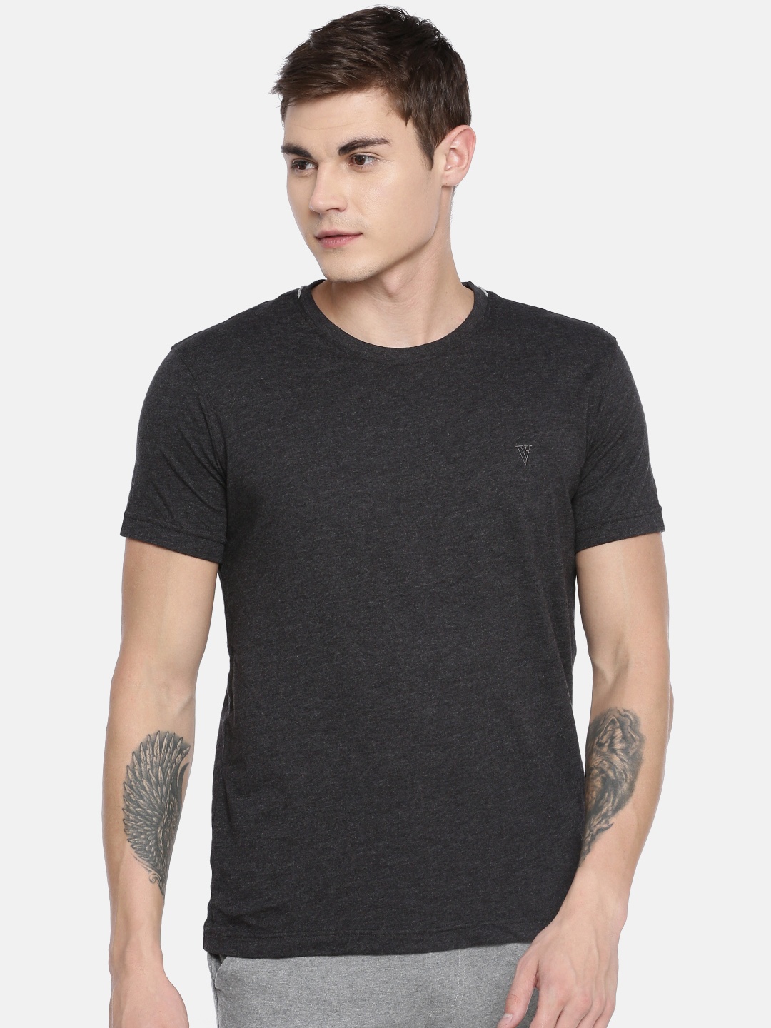 

Van Heusen Athleisure Men Charcoal Grey Solid SmartTech Round Neck Pure Cotton T-shirt