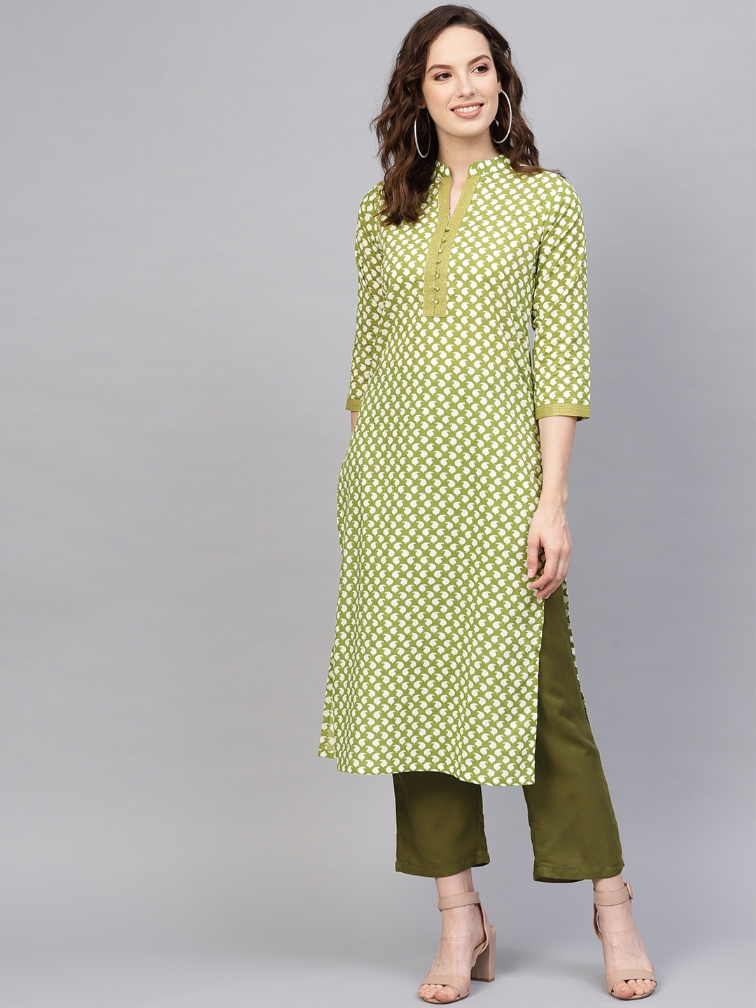 

Indo Era Women Green & White Printed Straight Kurta