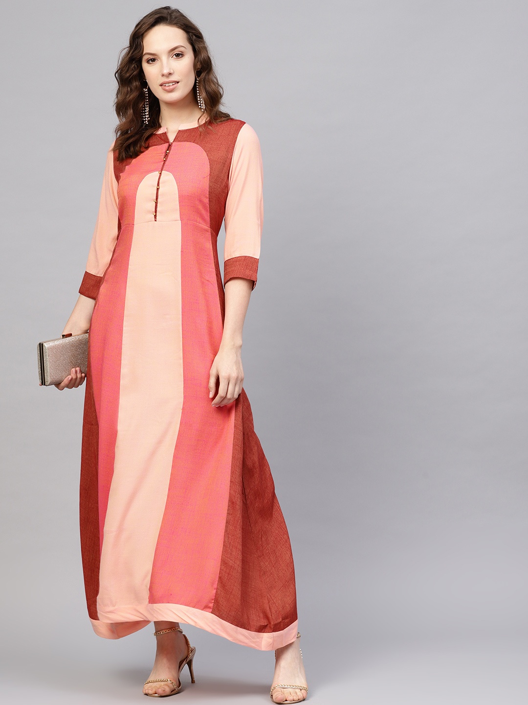 

Indo Era Women Pink & Brown Colourblocked Maxi Dress