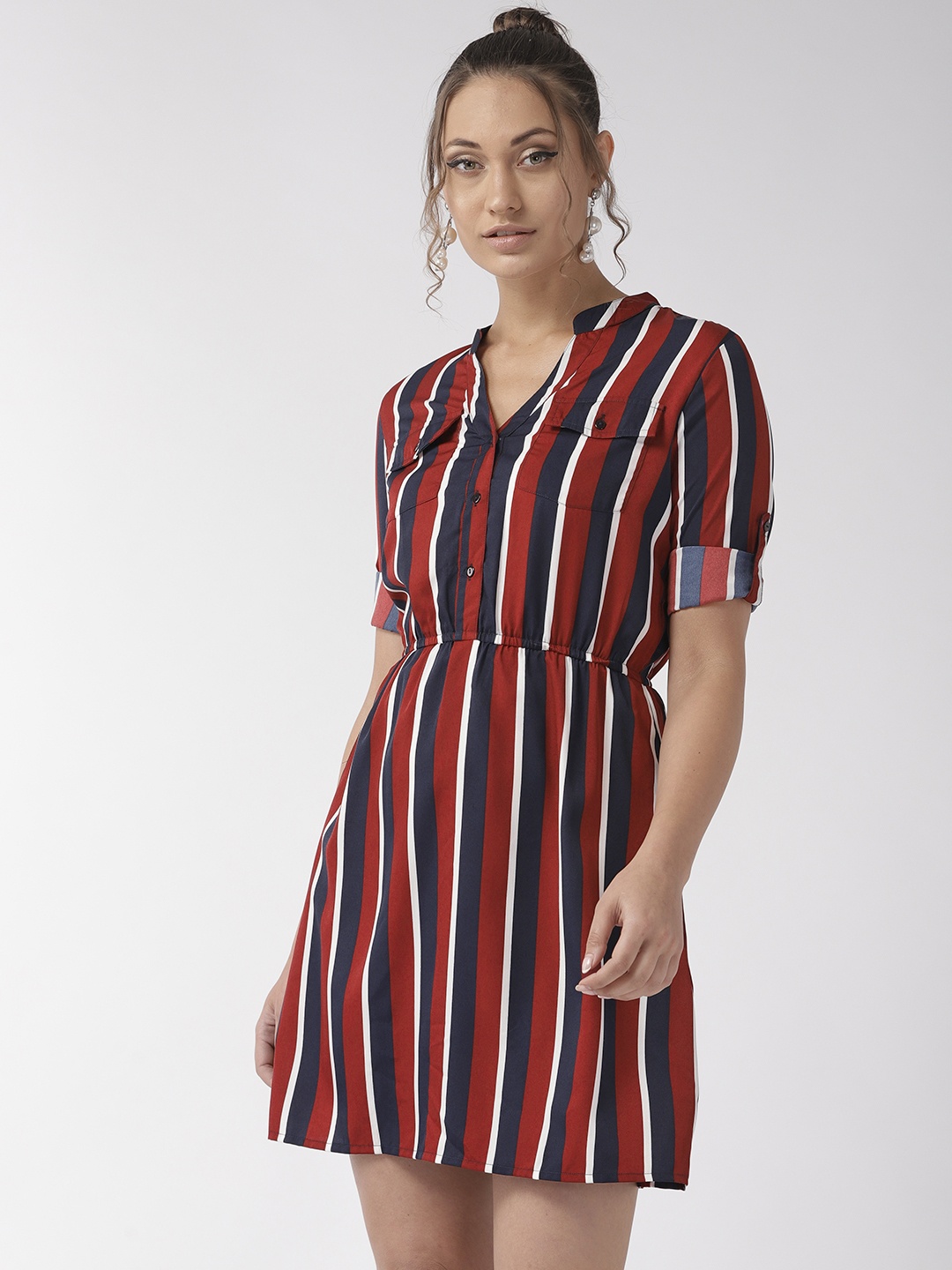 

Style Quotient Women Burgundy & Navy Blue Striped A-Line Dress