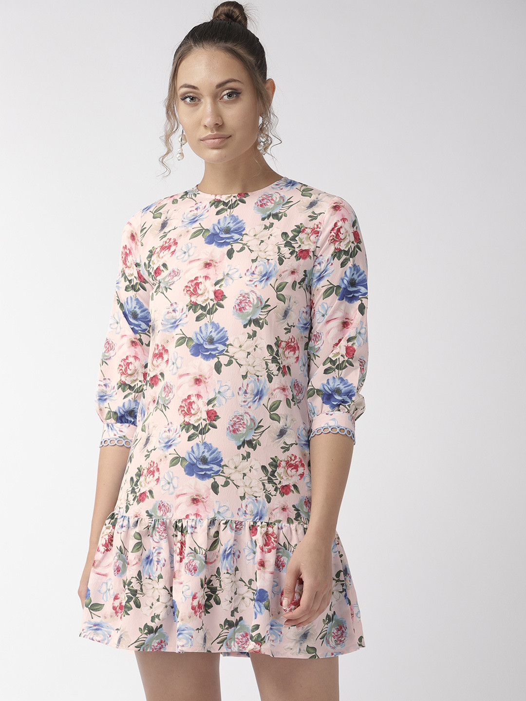 

Style Quotient Women Pink & Blue Floral Printed Drop-Waist Dress