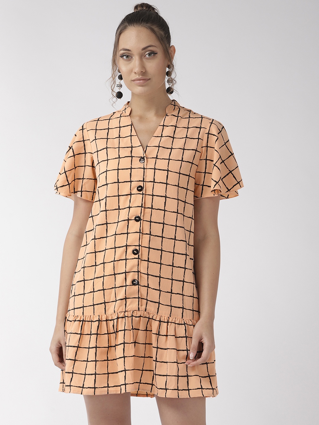 

Style Quotient Women Peach- Coloured & Black Checked Drop-Waist Dress