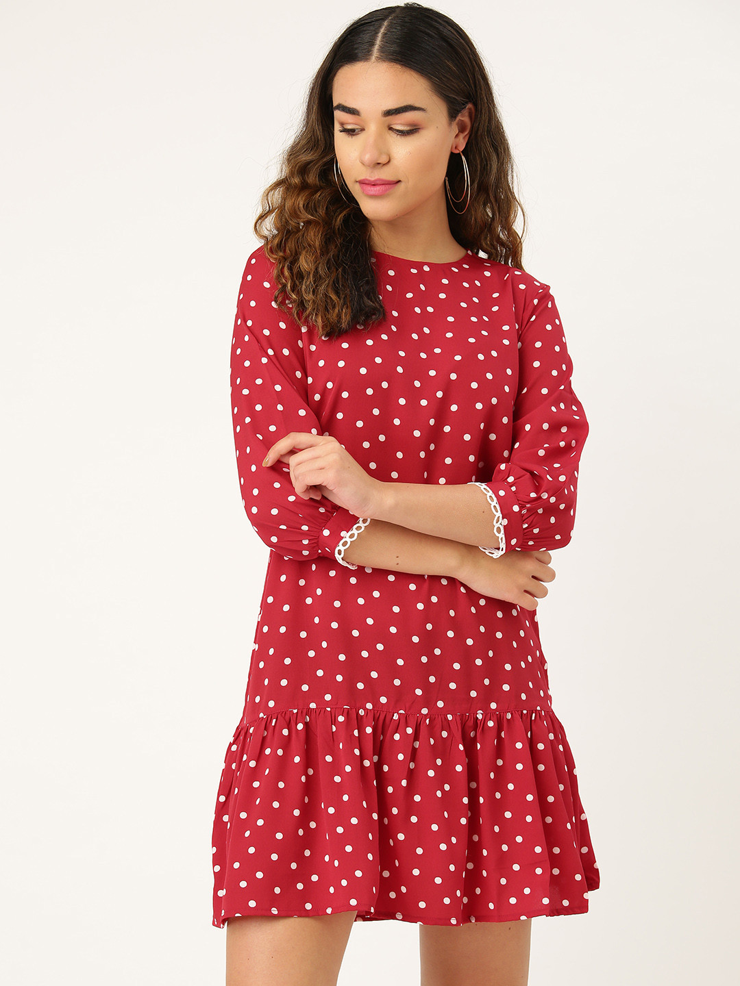 

Style Quotient Women Red & White Polka Dots Print Drop-Waist Dress