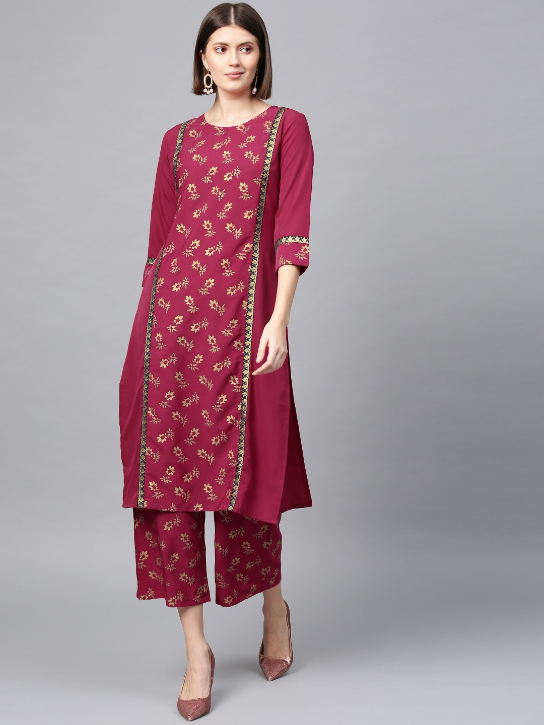 

ZIYAA Women Pink & Golden Printed Kurta with Palazzos