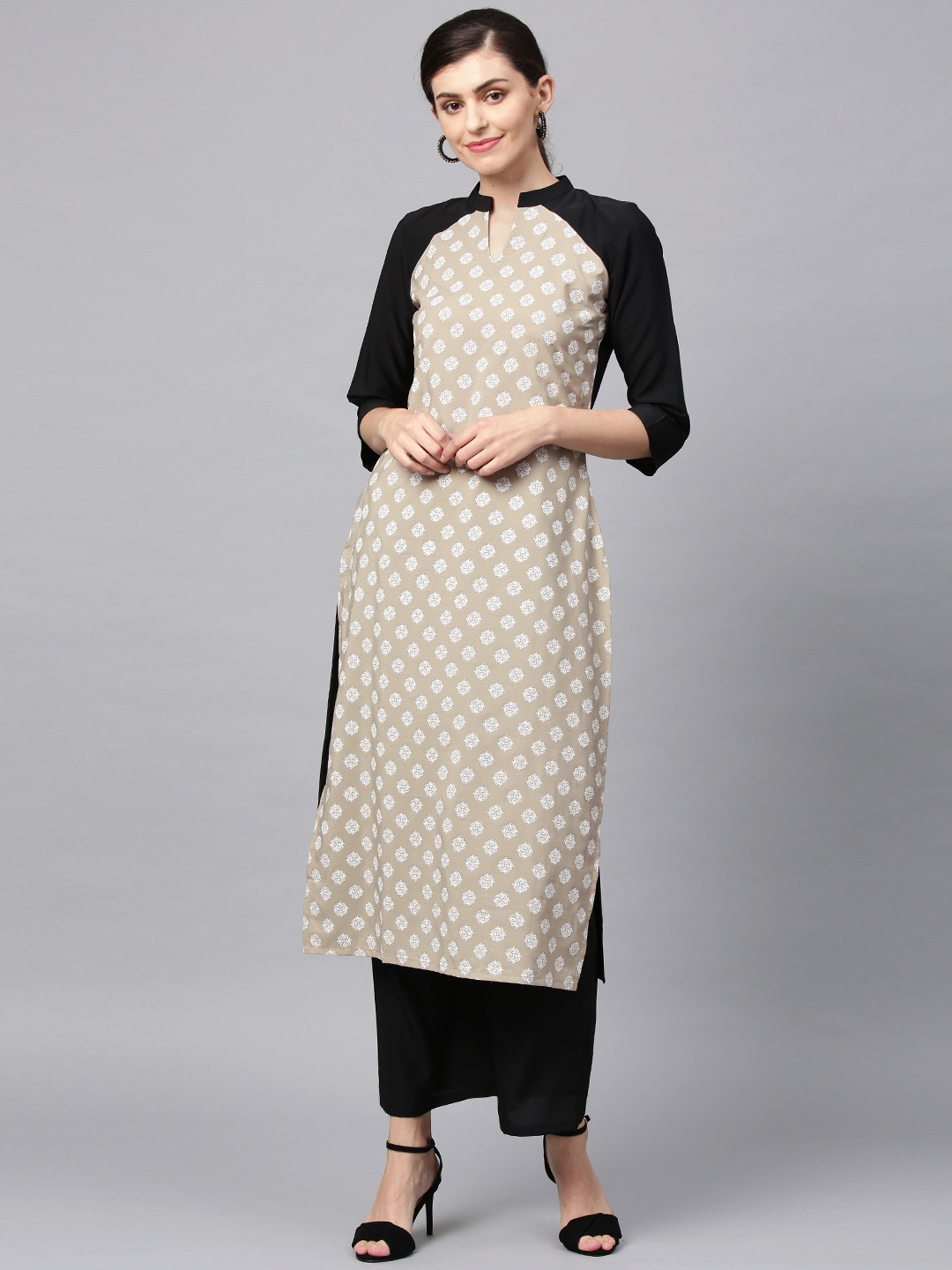 

ZIYAA Women Beige & Black Printed Kurta with Palazzos