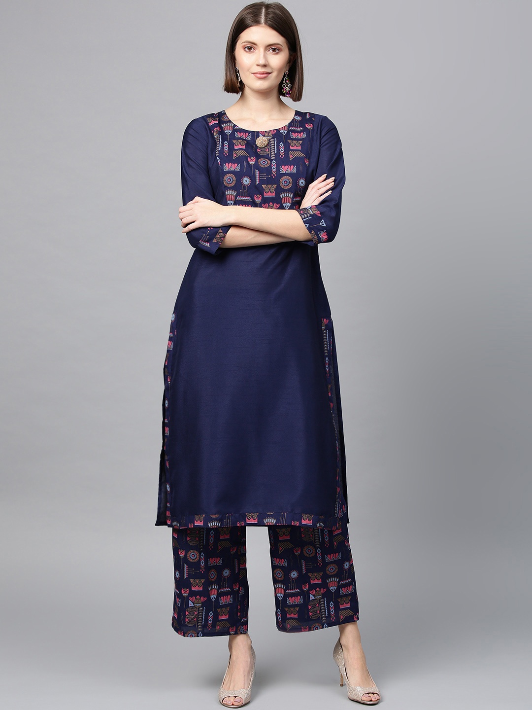 

ZIYAA Women Navy Blue Khari Print Kurta with Palazzos