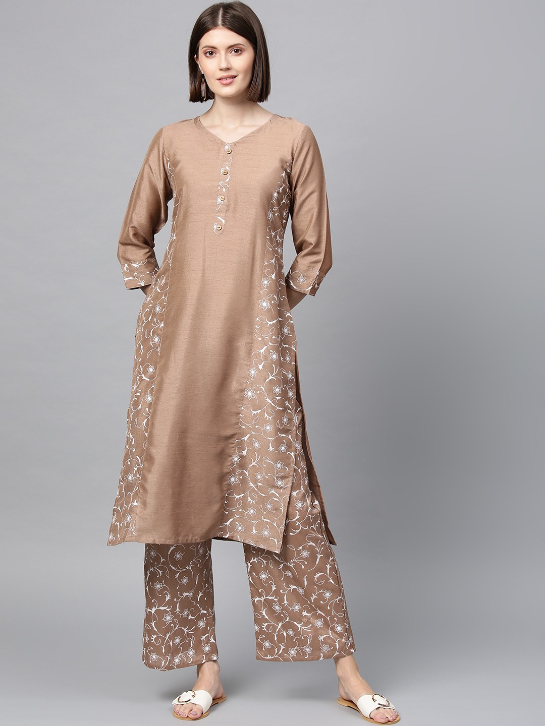 

ZIYAA Women Beige & Off-White Khari Print Kurta with Palazzos