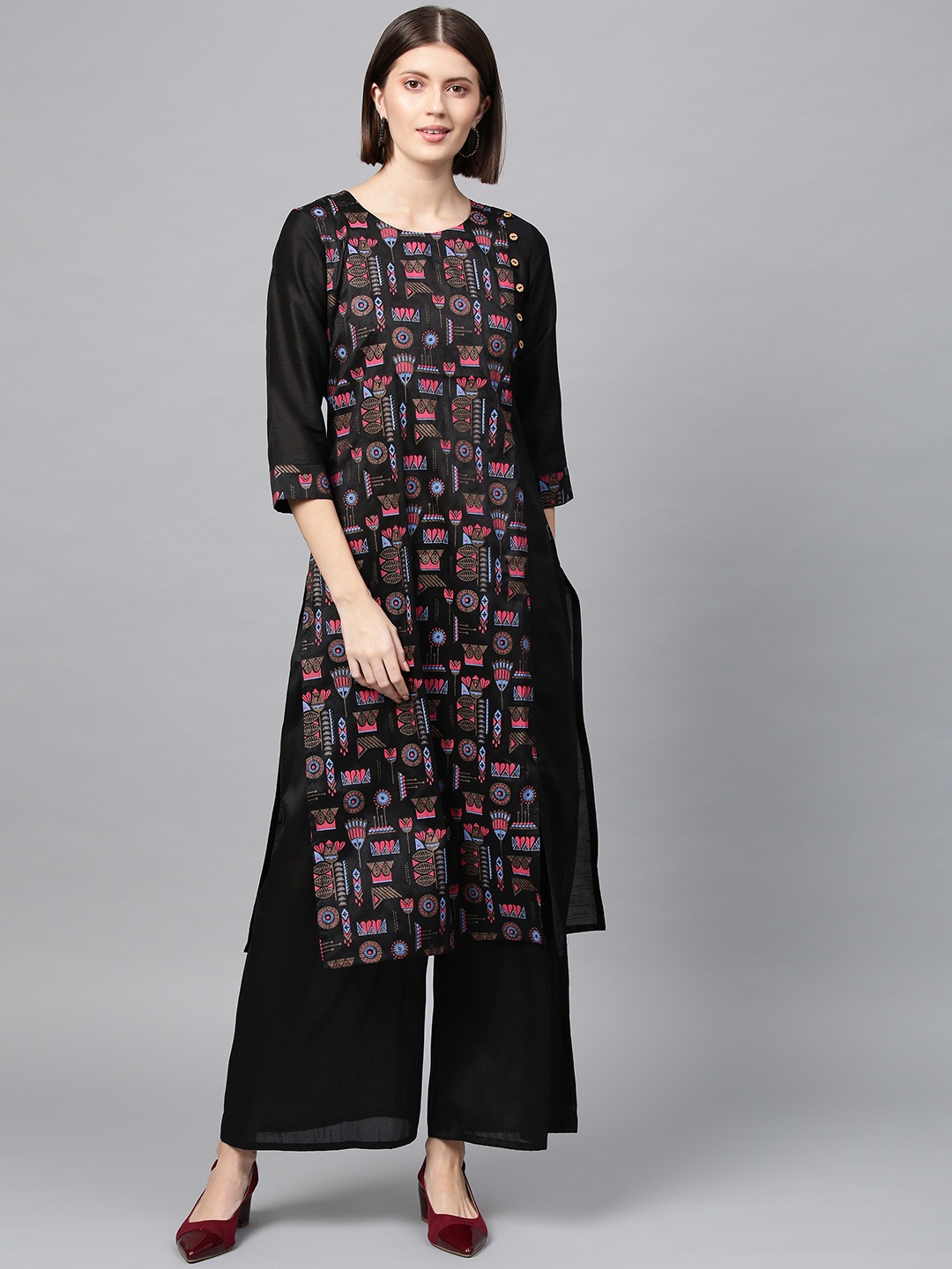 

ZIYAA Women Black & Pink Printed Kurta with Palazzos