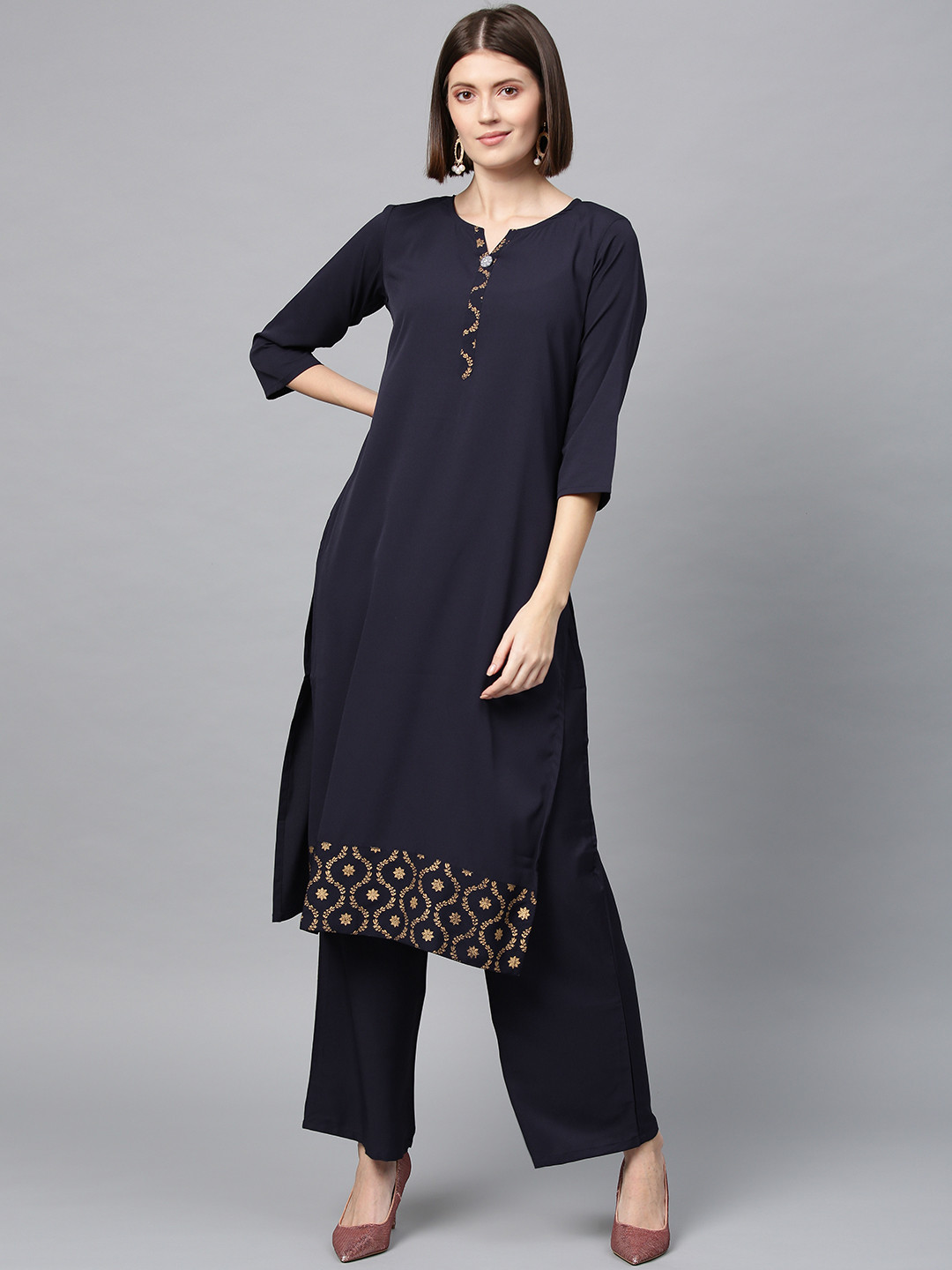 

ZIYAA Women Navy Blue & Golden Printed Detail Kurta with Palazzos