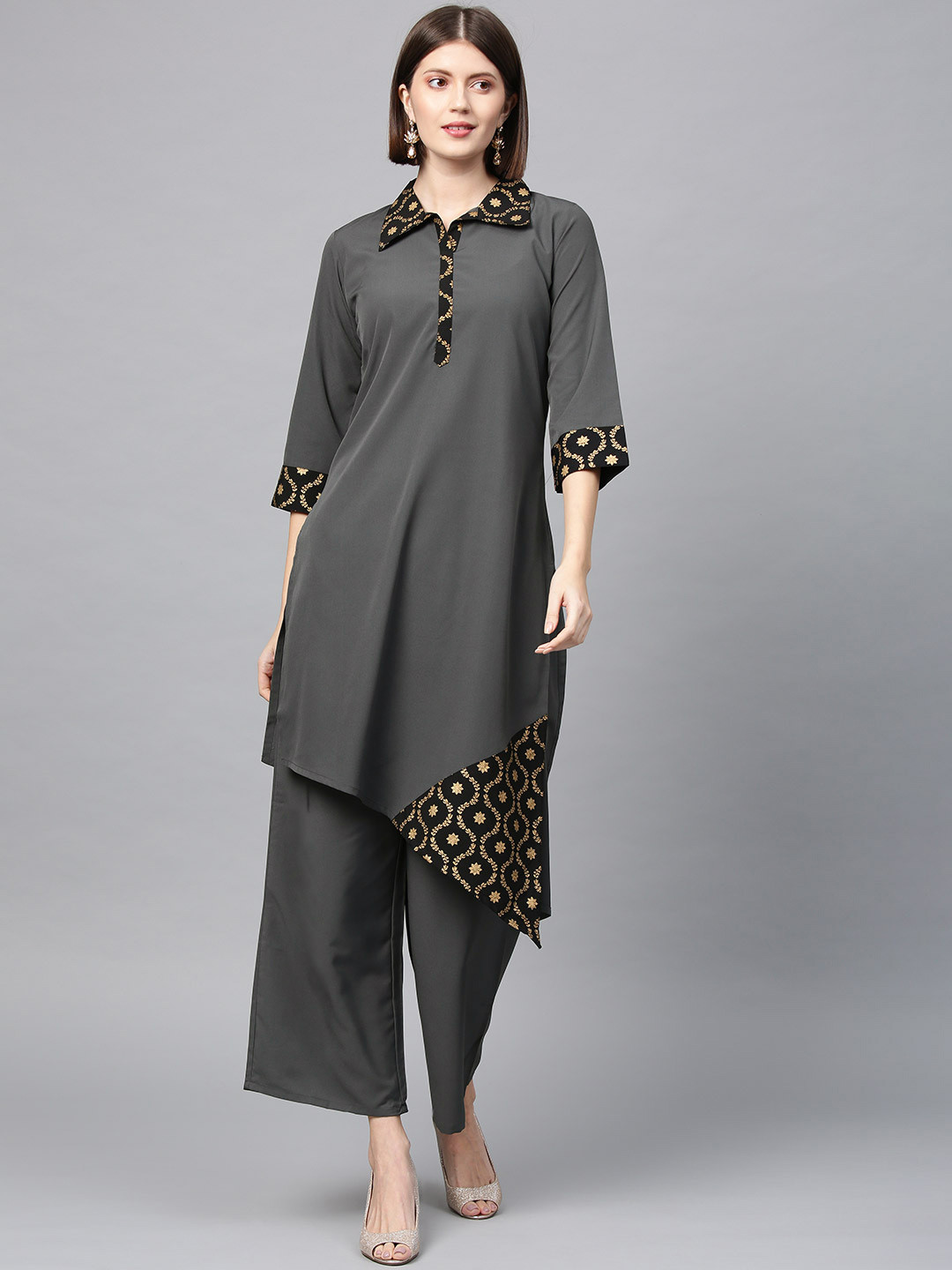 

ZIYAA Women Charcoal Grey & Black Printed Detail Kurta with Palazzos