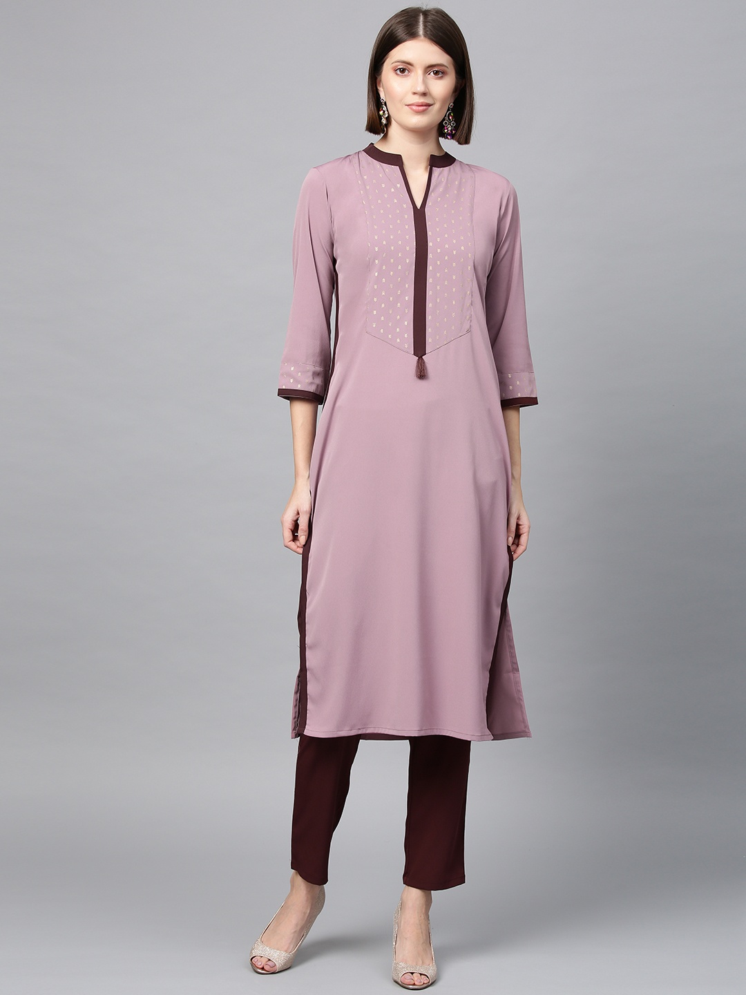 

ZIYAA Women Mauve & Brown Printed Kurta with Trousers