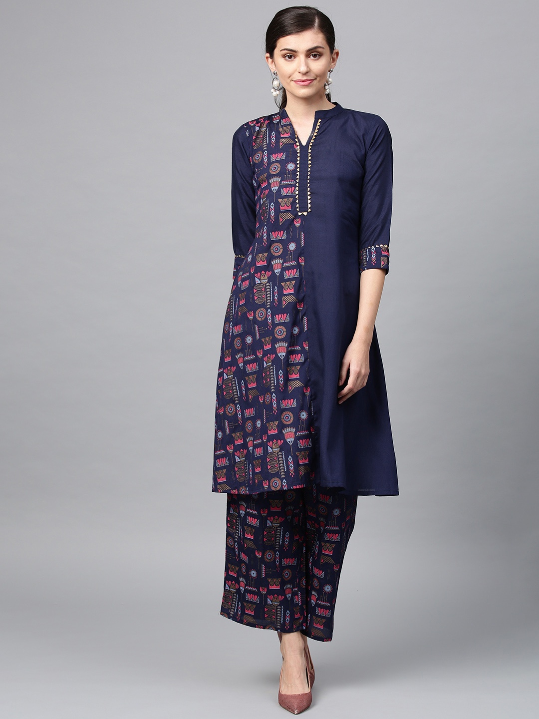 

ZIYAA Women Navy Blue Khari Print Kurta with Palazzos