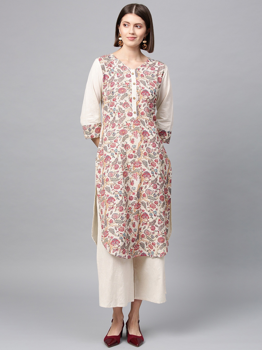 

ZIYAA Women Off-White & Pink Printed Kurta with Palazzos