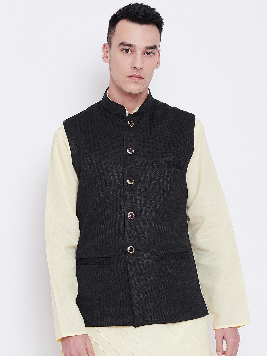 

SG LEMAN Men Black Woven-Design Slim Fit Nehru Jacket