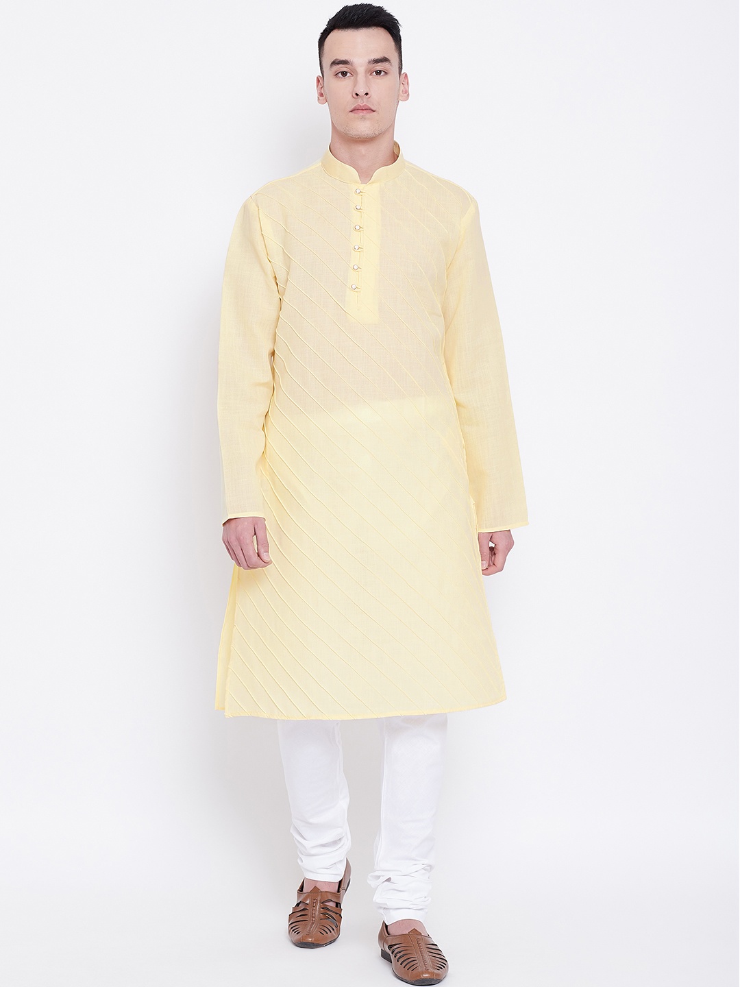 

SG LEMAN Men Yellow & White Pintucks Detail Kurta with Churidar