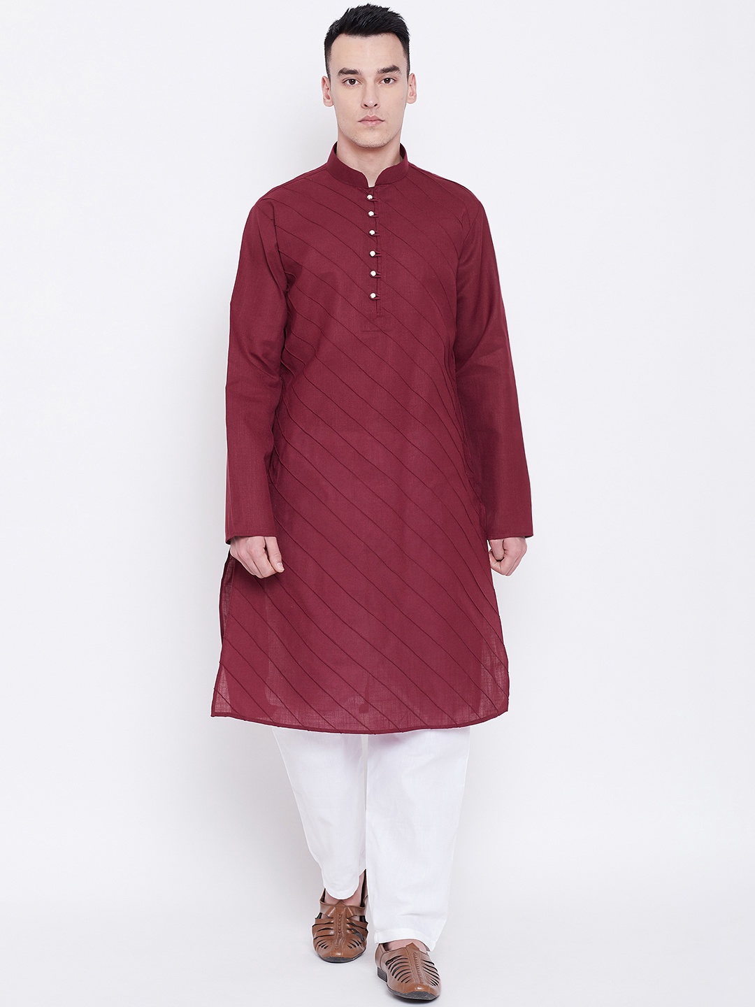 

SG LEMAN Men Maroon & White Pintucks Detail Kurta with Churidar