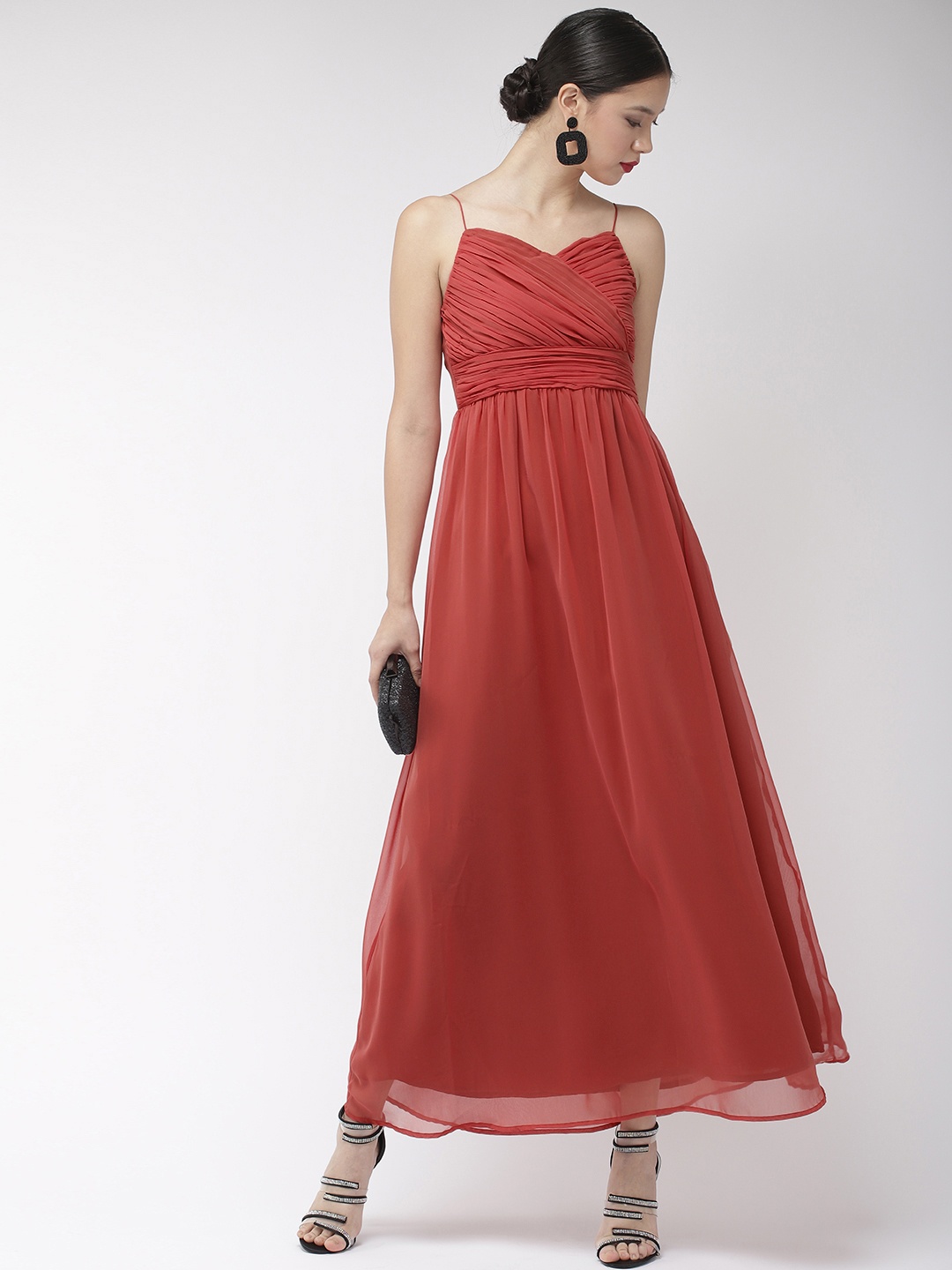 

MISH Rust Red Pleated Spaghetti Wrap Maxi Dress