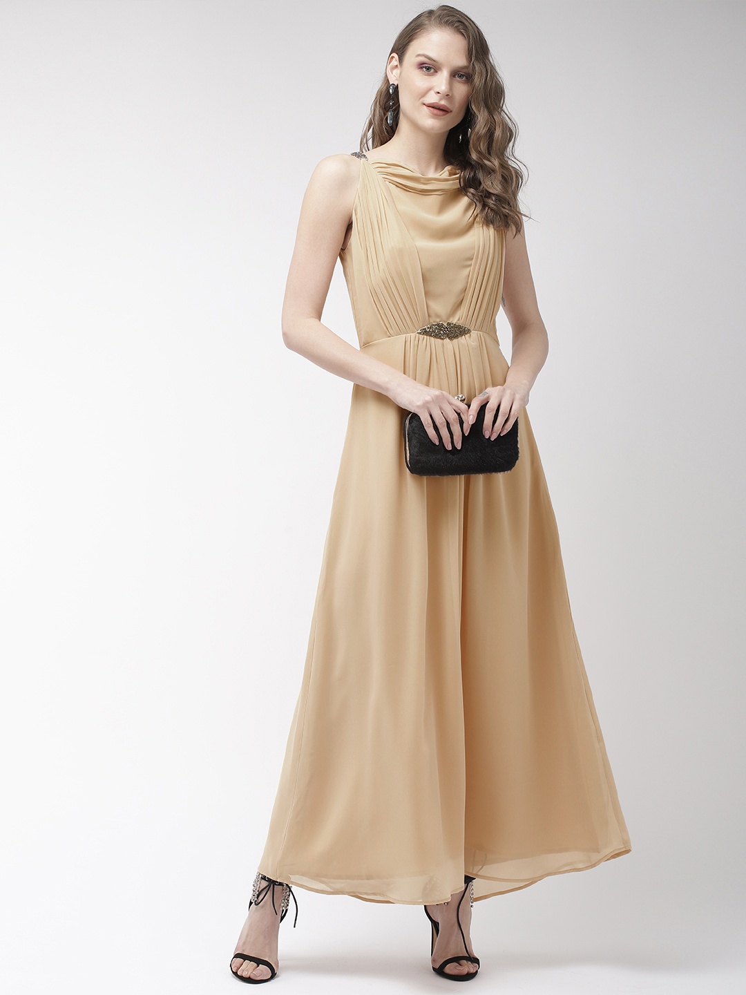 

MISH Beige Pleated Maxi Party Dress