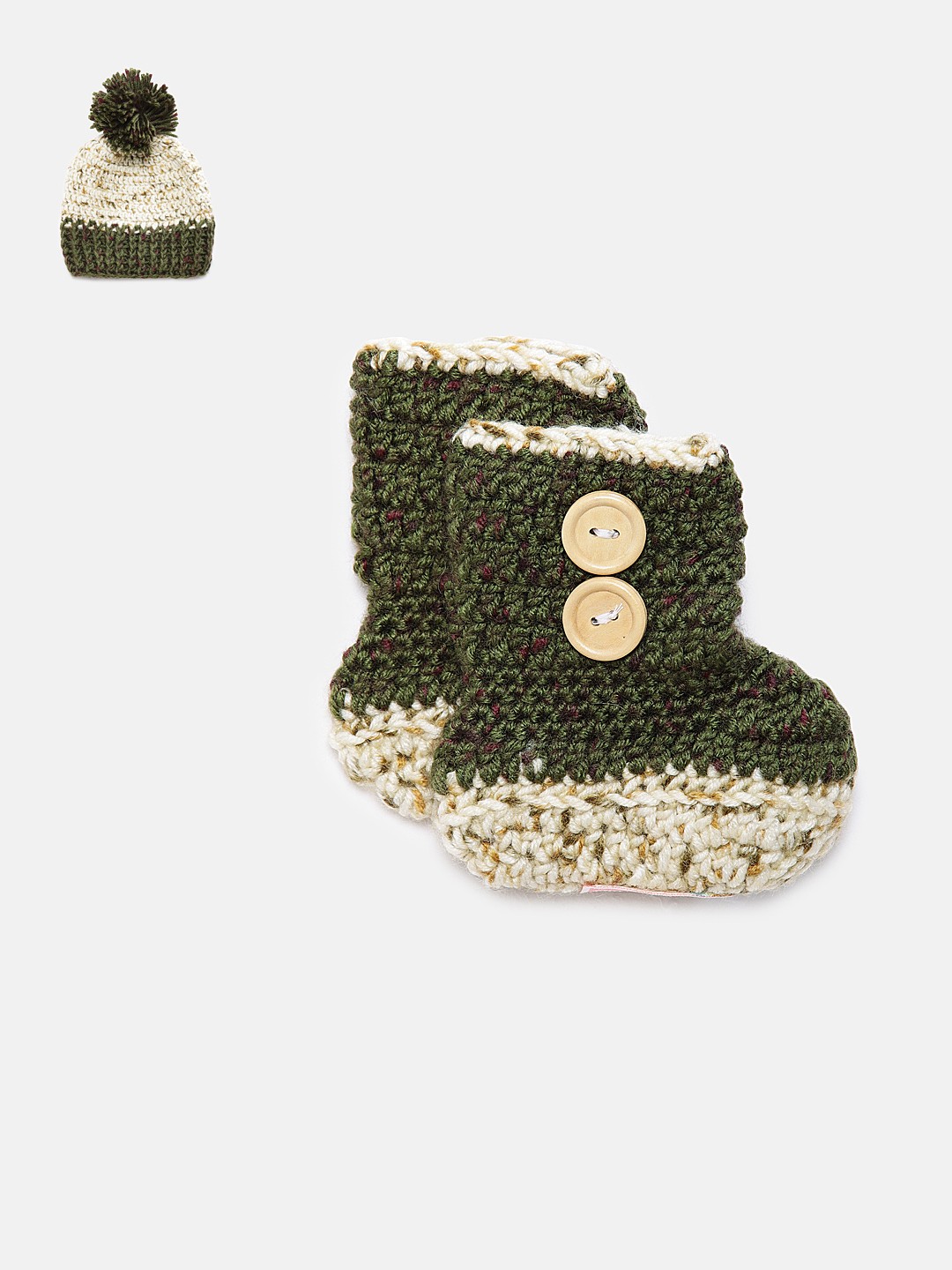 

Magic Needles Boys Set Of 3 Handmade Woollen Cap & Booties, Green