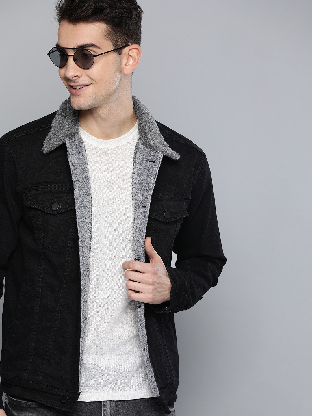 

HERE&NOW Men Black Solid Regular Trucker Denim Jacket