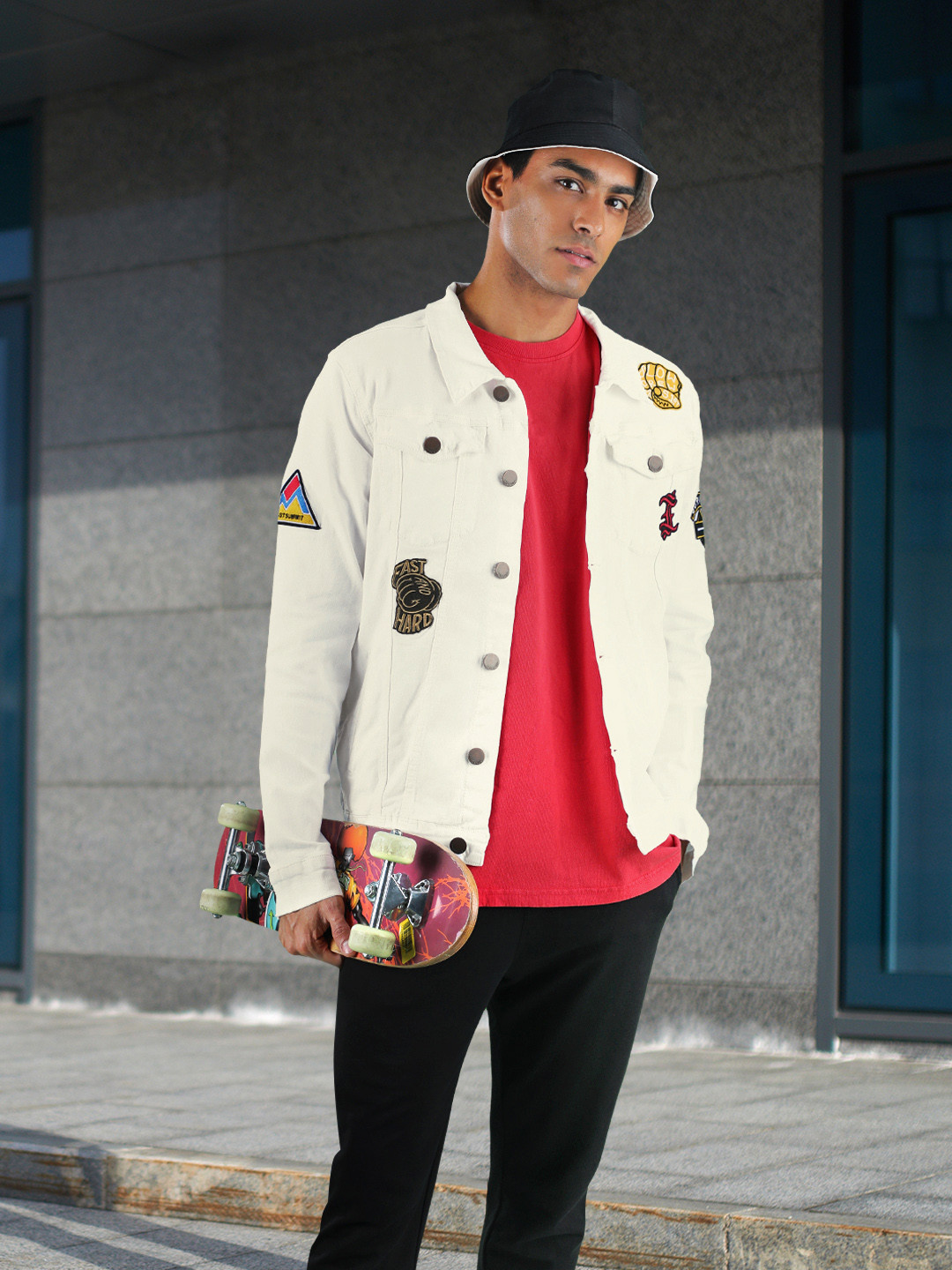 

HERE&NOW Men White Solid Denim Jacket