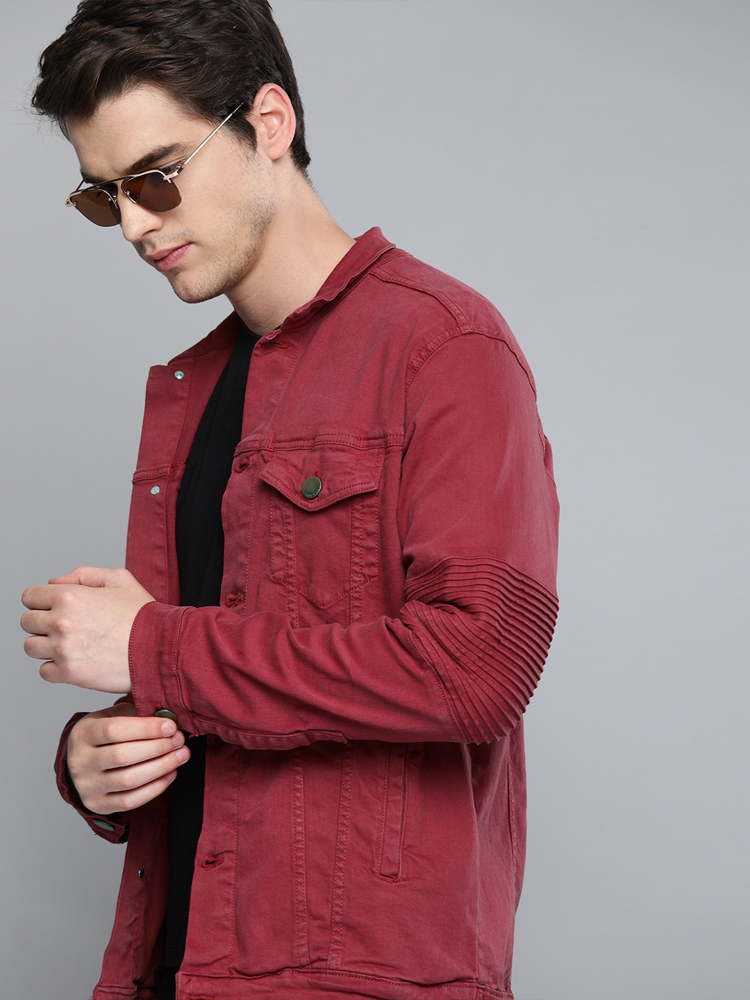 

HERE&NOW Men Maroon Solid Denim Jacket