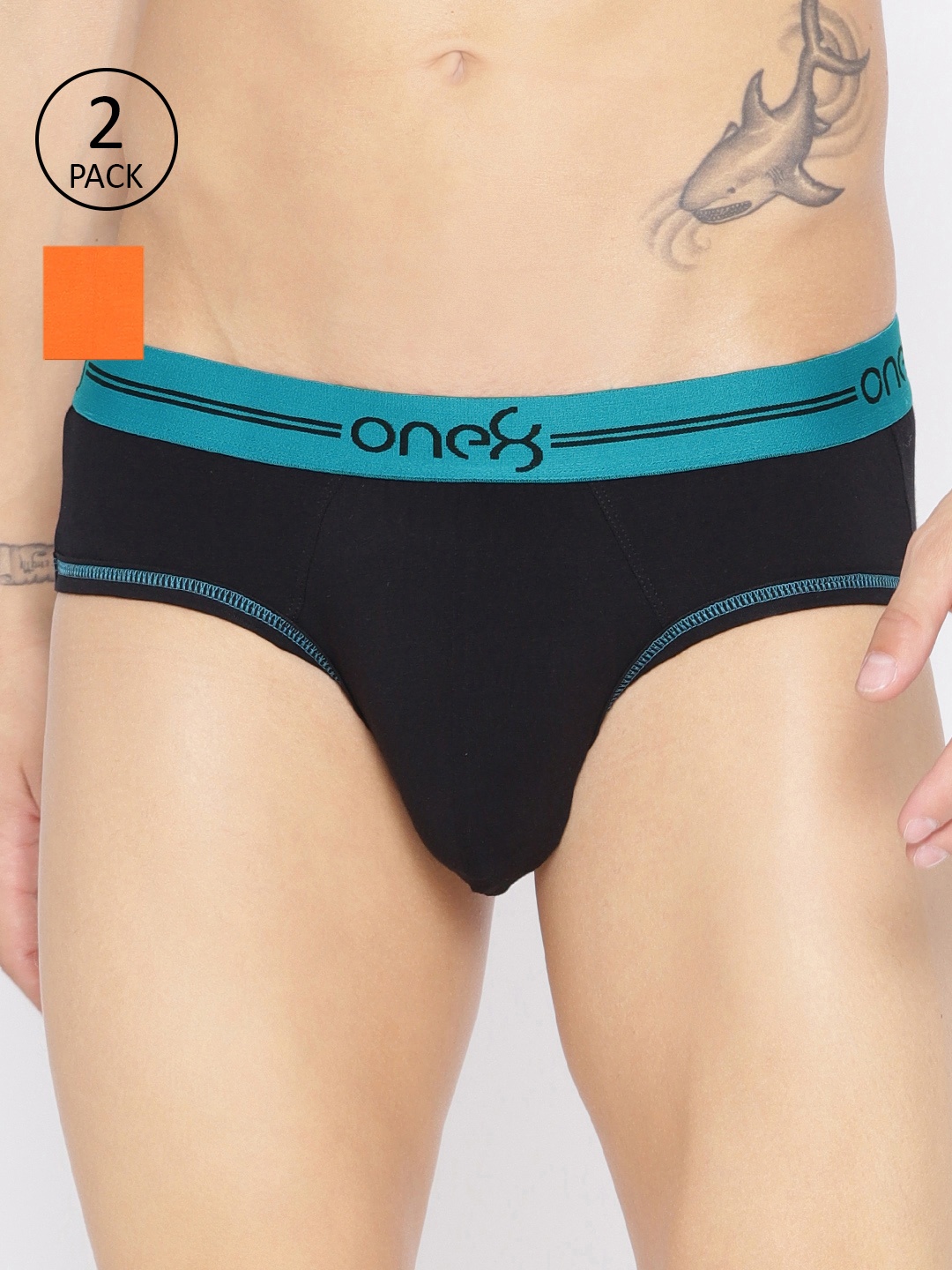 

one8 by Virat Kohli Men Pack Of 2 Black & Orange Solid Super Cotton Stretch Briefs 203