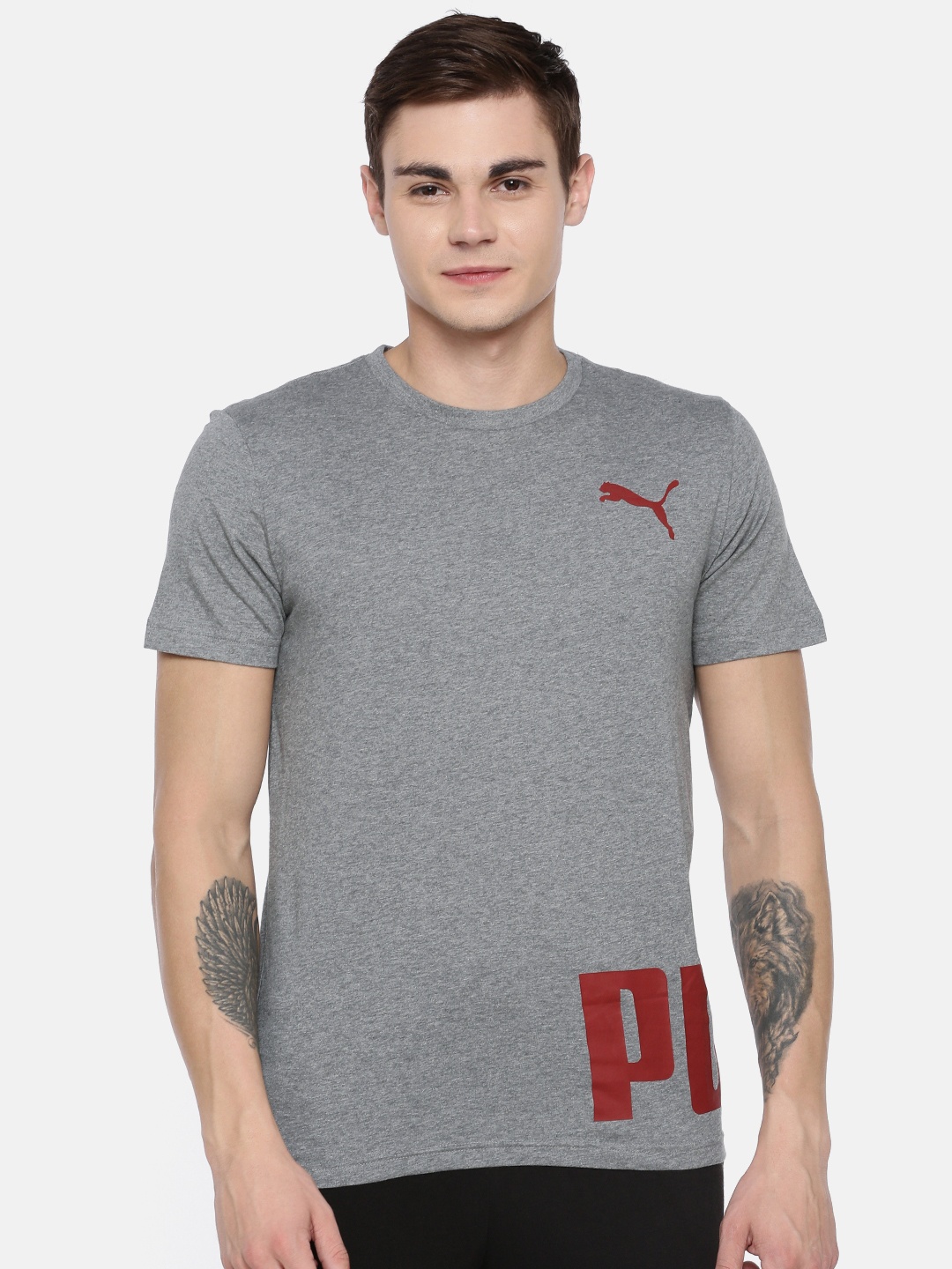 

Puma Men Grey Solid Round Neck Pure Cotton T-shirt