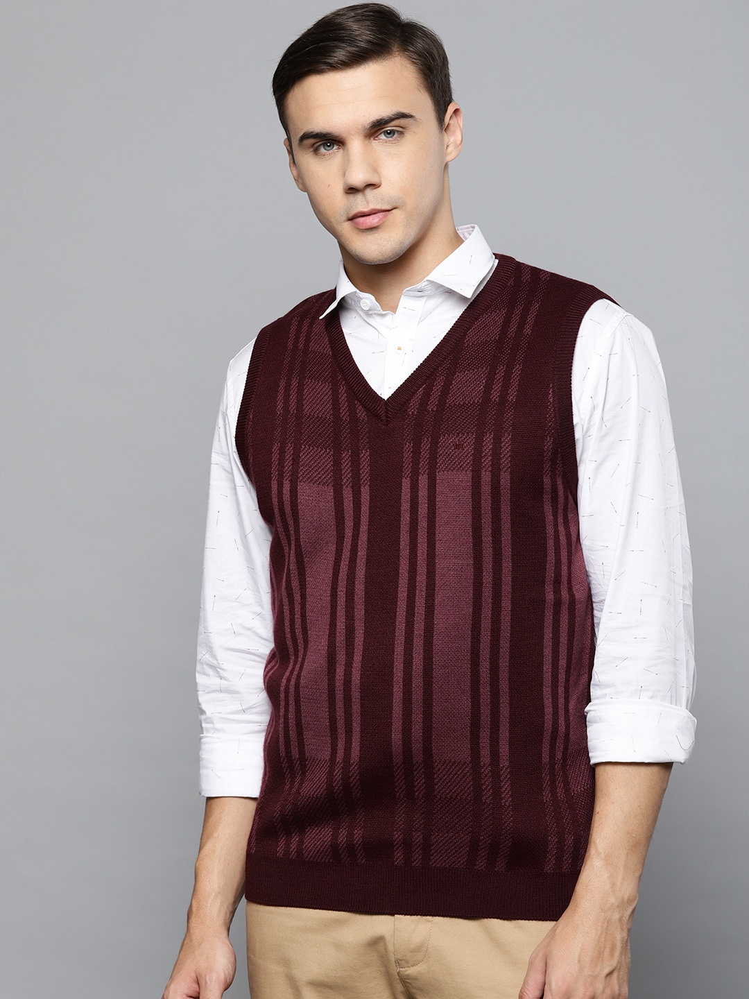 

Louis Philippe Men Burgundy Striped Sweater
