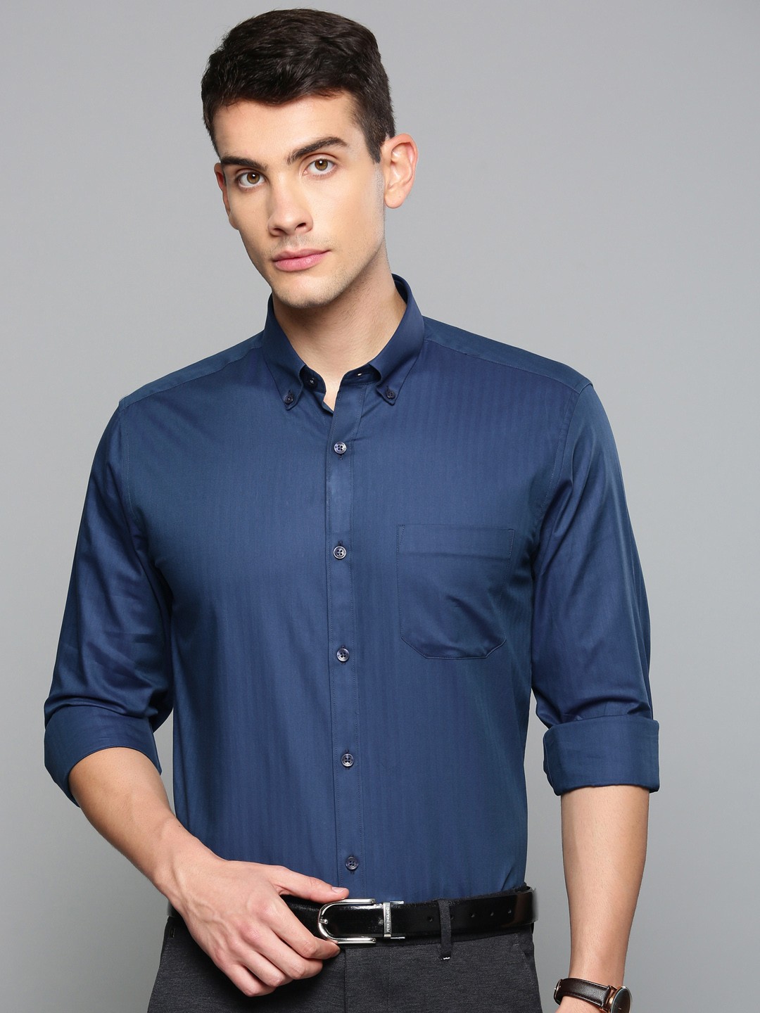 

Louis Philippe Men Teal Blue Slim Fit Self-Striped Formal Shirt