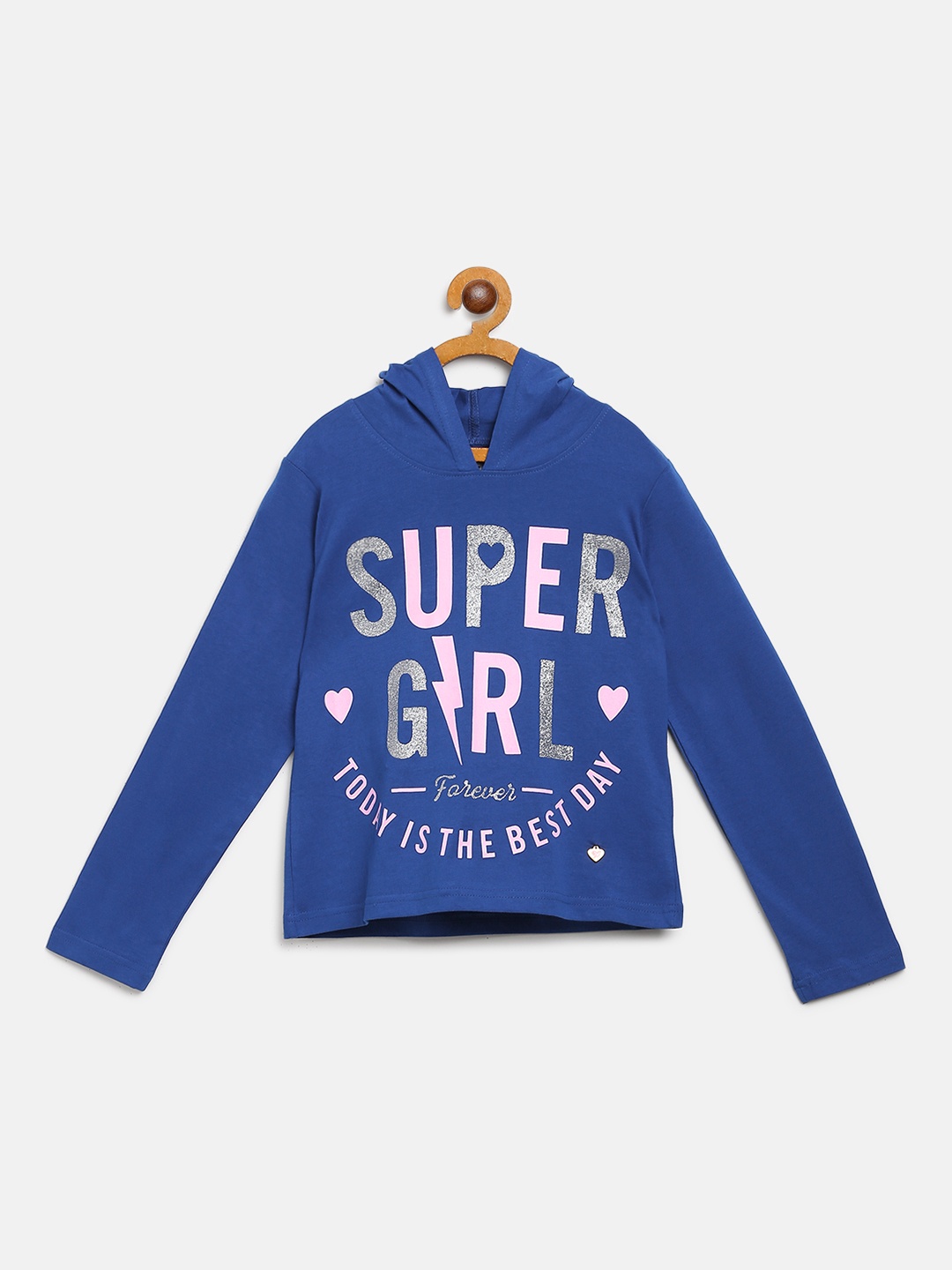

612 league Girls Blue Printed Hood Pure Cotton T-shirt