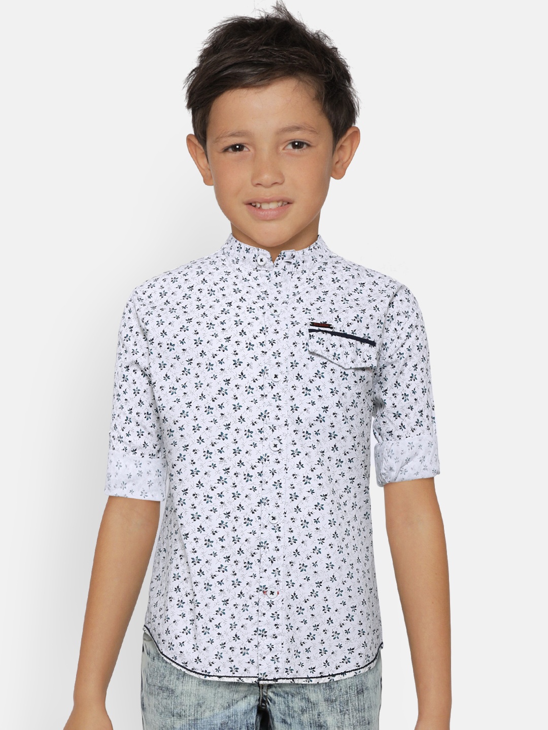 

612 league Boys White & Teal Green Regular Fit Printed Casual Shirt