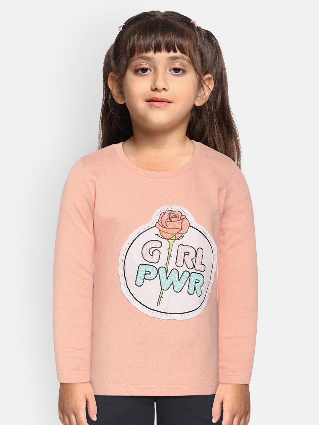 

Gini and Jony Girls Peach-Coloured Printed Beaded Round Neck Pure Cotton T-shirt