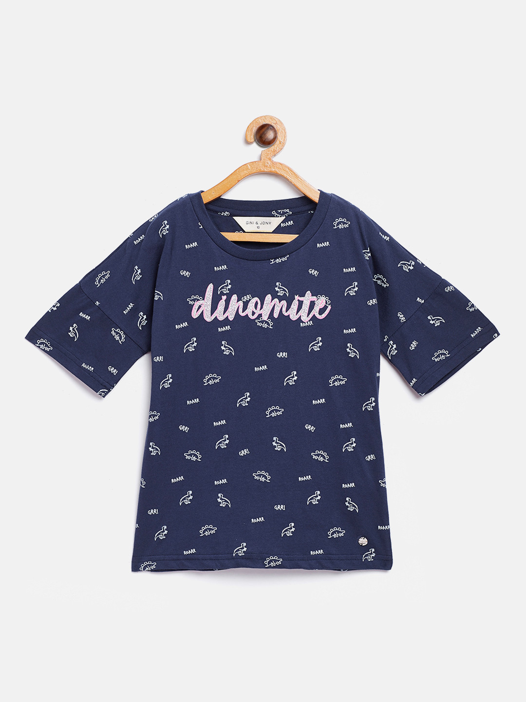 

Gini and Jony Girls Navy Blue Printed Round Neck Pure Cotton T-shirt