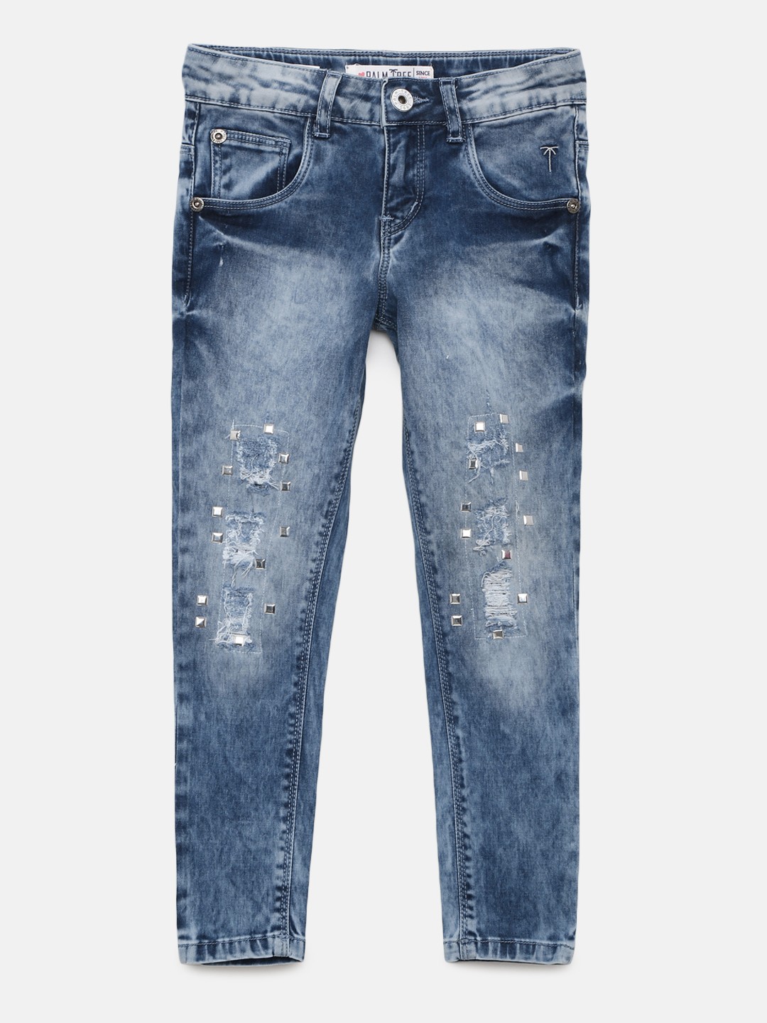 

Palm Tree Girls Blue Slim Fit Mid-Rise Low Distress Studded Stretchable Jeans
